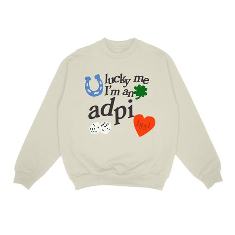 Adorned with symbols of luck 🎲🍀 this sweatshirt is sure to bring good vibes. Grab yours now and be the envy of your sorority sisters. ★Sizing All our sweatshirts are unisex sizing. For a more fitted look we recommend ordering your normal size.If you prefer the baggy / oversized look then we recommend sizing up! ★HOW TO ORDER: - Select size and color if applicable-ADD TO CART.- Select from our shipping class options ★ShippingAll orders are made in our warehouse located in Midland, MI. Production typically take 3-7 business days depending on time of year. Standard shipping typically takes 2-4 business days.In a rush? Upgrade to Priority Mail for 1-3 business days shipping! ★Bulk Orders Looking to buy for the whole chapter? No problem!Message us to get your order of 12+ started ★Care Instru Symbols Of Luck, Alpha Epsilon Phi, Theta Phi Alpha, Sigma Delta Tau, Phi Sigma Sigma, Delta Phi Epsilon, Lucky Me, Alpha Xi Delta, Alpha Xi