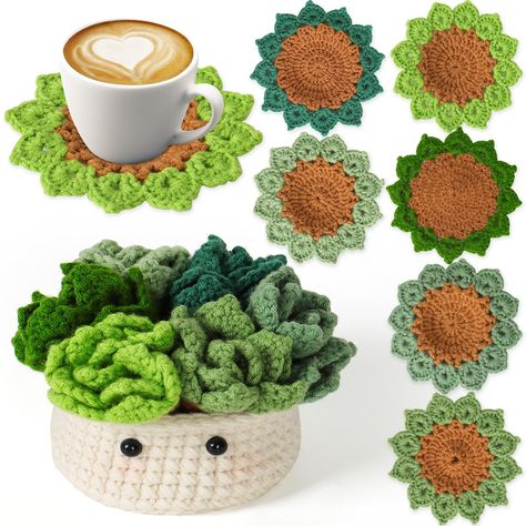 Crochet Projects For Craft Shows, Beginner Crochet Plant, Crochet Summer Coasters, Crochet Coaster Plant, Crochet Drink Coasters, Crochet Pattern Coaster, Crochet Flower Coaster With Pot, Crochet Coasters Flower Pot, Crochet Flower Pot Coaster