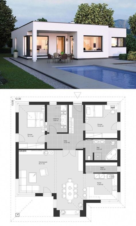 Housing Plans, برج العرب, Home Designs Exterior, Flat Roof House, Modern Floor Plans, Modern Bungalow House, House Plan Gallery, House Layout Plans, Bungalow House Plans