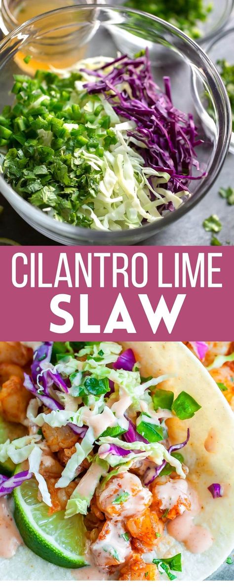 bowl of cilantro lime slaw with jalapeno peppers and honey and shrimp tacos with slaw Shrimp Taco Slaw Dressing, Shrimp Tacos With Cilantro Lime Slaw, Fish Taco Cilantro Lime Sauce, Slaw For Shrimp Tacos Easy, Veggies For Tacos, Lime Slaw For Fish Tacos, Shrimp Tacos Toppings, Coleslaw Recipe For Shrimp Tacos, Vegan Shrimp Tacos