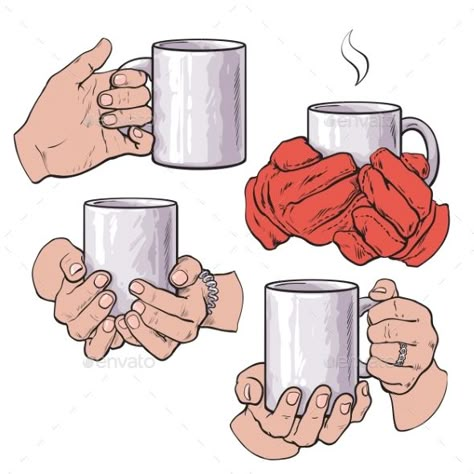 Set of well groomed female hands holding a cup with tea or coffee, sketch style vector illustration isolated on white background. Person Holding Something Drawing, Hands Holding Bowl Reference, Person Drinking Drawing, Person Drinking Reference Drawing, Person Holding Coffee Reference, Hand Holding Object Drawing, Holding Coffee Pose Drawing, Person Holding Mug Reference, Person Holding Cup Reference