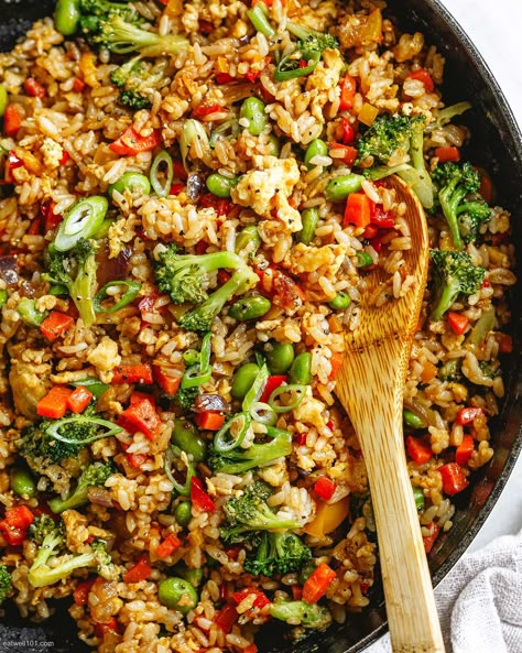 Veggie Fried Rice - #fried #rice #recipe #eatwell101 - Veggie fried rice is ready in less than 20 minutes for a quick, healthy dinner everyone will love. This recipe for vegetable fried rice is loaded with colorful veggies and more budget-friendly than take-out! - #recipe by #eatwell101® Vegan Veggie Fried Rice, Healthy Veggie Fried Rice, Veggie Rice Bake, Vegetable Rich Dinners, Vegetables Rice Recipes, Rice Vegetable Recipes, Veggie Loaded Meals, Fried Rice And Vegetables, Vegetable Stir Fry Rice