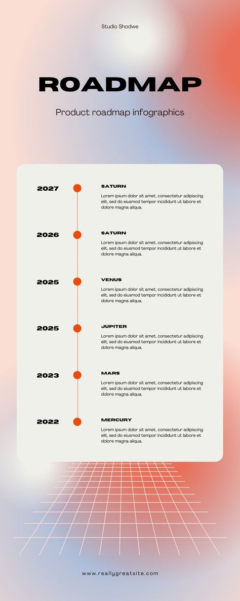 Orange gradient futuristic roadmap Infographic Roadmap Graphic Design, Milestone Design Layout, Gradient Infographic Design, Roadmap Design Ideas, Roadmap Infographic Design, Timeline Design Layout Templates, Timeline Design Layout, Infographic Timeline Design, Timeline Graphic Design