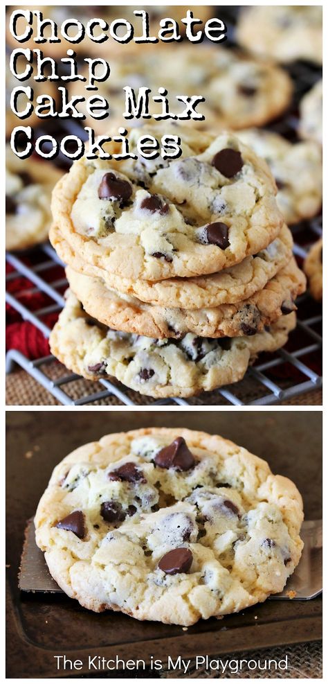 Chocolate Chip Cake Mix Cookies ~ Can you really make chocolate chip cookies with a cake mix? You sure can. Grab a box, & whip up a tasty batch today! They're tender, chewy, and chocolatey deliciousness - that are super easy to make.  www.thekitchenismyplayground.com Chocolate Chip Cookies Made With Cake Mix Recipe, Chocolate Cookies Made With Cake Mix Boxes, Cookies Out Of Cake Mix Boxes, Easy Chocolate Chip Cake, Chocolate Chip Cake Mix Cookies, Cake Mix Chocolate Chip Cookies, Tasty Chocolate Chip Cookies, Chewy Bars, Week Meals