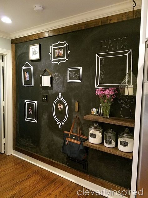 large chalkboard wall diy @cleverlyinspired (2) Chalk Paint Wall Ideas Kitchen, Chalk And Cork Board Wall, Chalkboard Dining Room Wall, Large Chalkboard In Kitchen, Chalk Wall In Kitchen, Chalkboard Wall With Shelves, Chalkboard Wall Entryway, Basement Chalkboard Wall, Half Chalkboard Wall