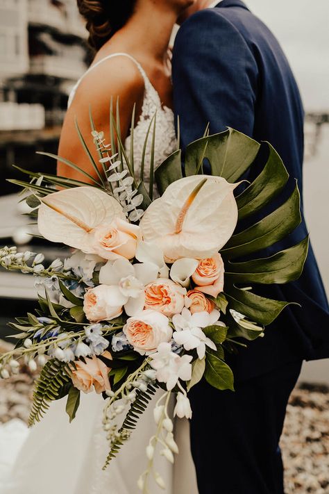 Bridal Bouquet With Monstera, Polynesian Wedding Bouquet, Island Wedding Bouquet, Monstera Bridal Bouquet, Bridal Bouquet Hawaii, Jungle Wedding Flowers, Hawaii Bouquet Wedding, Tropical Whimsical Wedding, Cascading Tropical Wedding Bouquets