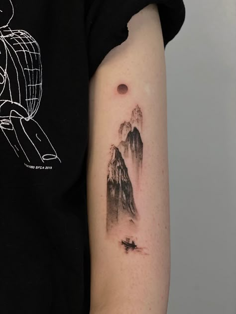 Misty Mountain Tattoo, Chinese Mountain Tattoo, Asian Landscape Tattoo, Asian Mountain Tattoo, Mountainscape Tattoo, Japanese Mountain Tattoo, River Tattoo Ideas, Moutain Tattoos, Tattoo Mountains