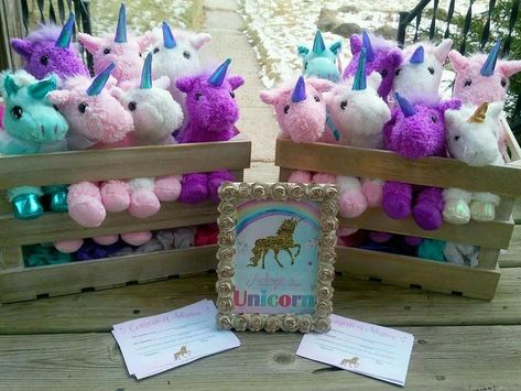 Unicorn adoption party Unicorn Party Favor, Unicorn Barbie Birthday Party, 4 Year Unicorn Birthday, Winter Unicorn Birthday Party, Unicorn 5th Birthday Party Ideas, Backyard Unicorn Birthday Party, Four Year Old Unicorn Party, Unicorn Party Games, Unicorn Tea Party Birthday