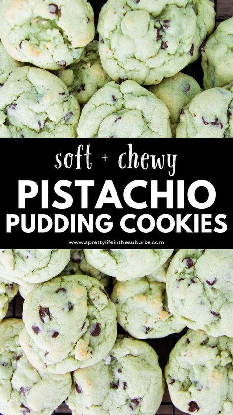 Pistachio Dessert Pudding, Pistachio Pudding Cookies, Pudding Cookies Recipes, Cookies With Chocolate Chips, Pistachio Dessert, Chocolate Chip Pudding Cookies, Cookie Recipes Chewy, Cookies With Chocolate, Pistachio Cookies