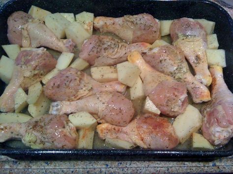 This is an easy, quick and tasty recipe.  It's great comfort food. Oven Chicken And Potatoes, Chicken Leg Recipes Oven, Potatoes In The Oven, Chicken Leg Recipes, Chicken And Potatoes, Oven Chicken, Chicken Potatoes, Pan Meals, Chicken Dinners