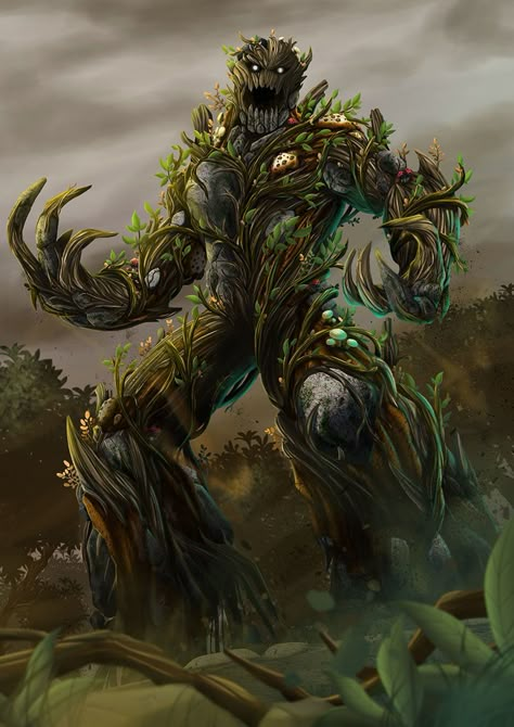 ArtStation - Earth Spirit, Angga Prasetyawan Awakened Shrub Dnd, Earth Spirit Art, Forest Golem, Forest Spirit Concept Art, Forest Monster Art, Earth Monster Fantasy Art, Tree Monster Concept Art, Tree Monster, Plant Monster