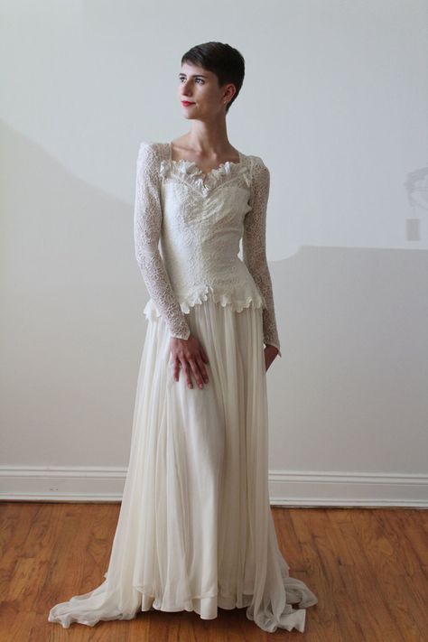 Shop Vintage — Miranda's Vintage Bridal Long Sleeve Silk Wedding Dress, 1940 Wedding Dress, Alt Wedding Dress, Lace And Chiffon Wedding Dress, 1930s Wedding Dress, Mother Of The Bride Jewelry, Beaded Party Dress, Lace Wedding Gown, Long Sleeve Wedding Dress