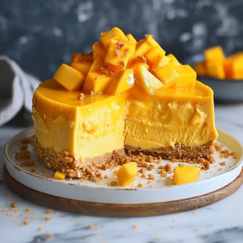 Mango No Bake Cheesecake, Lilikoi Cheesecake Recipes, Pineapple Cheesecake Recipes, Fresh Mango Recipes, Mango Recipes Dessert, Mango Cheesecake Recipe, Cheesecake Treats, No Bake Mango Cheesecake, Restaurant Aesthetics