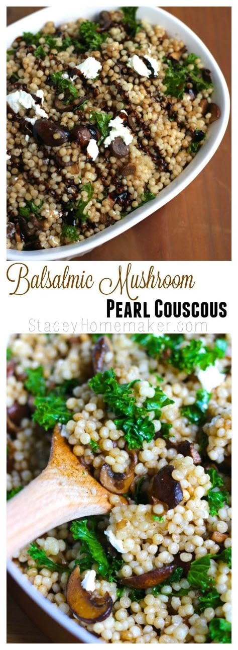 balsamic mushroom couscous Mushroom Couscous, Balsamic Mushroom, Pearl Couscous Recipes, Balsamic Mushrooms, Vegan Feta Cheese, Pearl Couscous, Creamy Goat Cheese, Couscous Recipes, Cous Cous