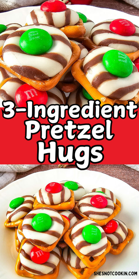 Pretzel hugs for Christmas on a white plate. Rudolph Pretzel Treats, Christmas Dessert Kids Can Make, 3 Ingredient Christmas Desserts, Christmas Class Snacks For Kids, Christmas Savory Snacks For Kids, Easy Diy Christmas Treats For Kids, Kids Christmas Treats To Make, Kid Friendly Christmas Cookie Recipes, Cheap Christmas Snack Ideas