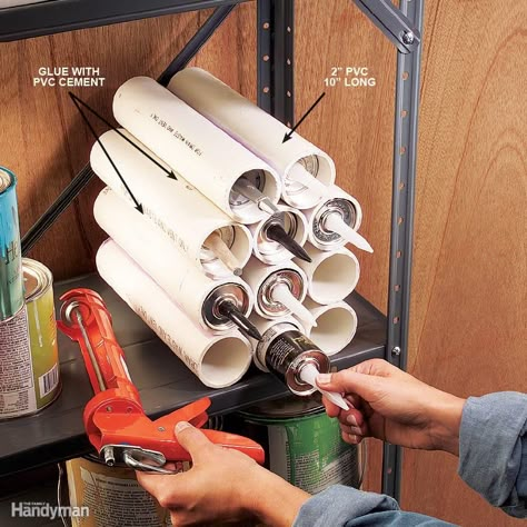 Caulk Tube Nest - Before I made this caulk nest for myshop, the tubes rolled all overthe shelves like slippery logs.To build one, cut 10-in.-longpieces of 2-in. PVC pipe andglue them side to side withPVC cement. To get straightglue lines, use the print alongthe side of the pipe as a guide.As you glue, hold the piecestogether for 60 seconds withhand pressure or a clampuntil the glue sets. Be sure toapply the glue only in a well-ventilatedarea. Glue on onetube at a time to fit theavailable space. Pvc Pipe Ideas, Garage Organizing, Pvc Storage, Pvc Pipe Crafts, Pvc Pipe Projects, Handyman Projects, Pvc Projects, Bra Hacks, Pvc Pipes