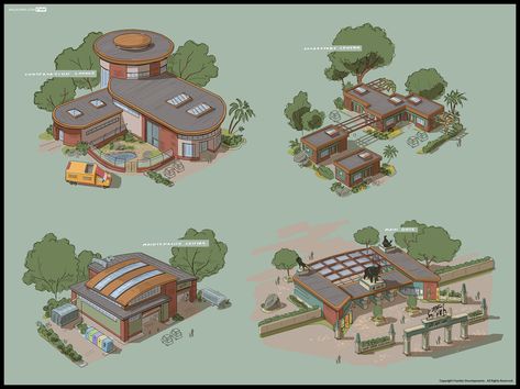 Modern zoo facility design Planet Zoo Layout Ideas, Zoo Buildings, Zoo Concept Art, Zoo Layout, Zoo Habitats, Zoo Building, Zoo Entrance, Theme Park Planning, Prehistoric Kingdom