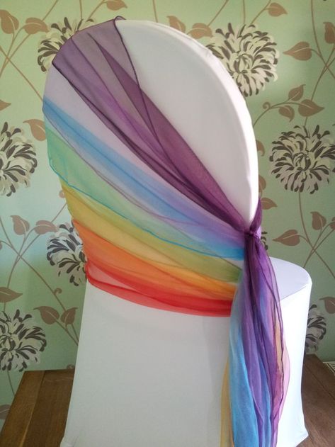 Wedding Rainbow Theme, Rainbow Wedding Decorations, Rainbow Chair, Rainbow Wedding Ideas, Rainbow Wedding Theme, Rainbow Chairs, Reception Chairs, Chair Sash, Chair Covers Wedding