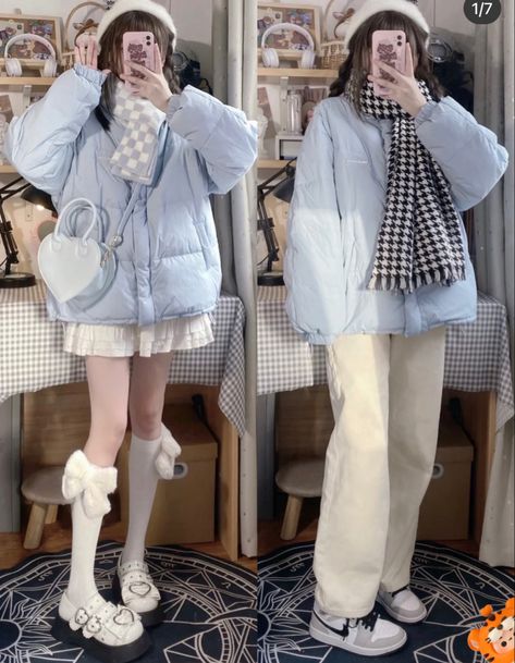 Soft Winter Aesthetic Outfits, Blue Outfit Aesthetic Winter, Blue Winter Outfits Aesthetic, Douyin Winter Fashion, Blue Winter Aesthetic Outfit, Xiaohongshu Winter Outfits, Winter Outfits Douyin, Winter Outfits Chinese, Winter Douyin Outfits