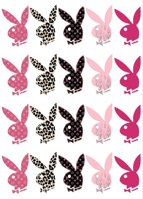 Five different designed playboy logo inspired stickers. First sticker is playboy logo filled in with pink and white Louis Vuitton logos. Second sticker is cheetah print inside. Third sticker is black and pink Louis Vuitton logos. Fourth sticker is baby pink with silver glitter flames coming up from bottom. Fifth sticker is dark hot pink. Playboy Bunny Logo Design, Playboy Bunny Tattoo Design, Y2k Prints, Playboy Aesthetic, Pb Logo, Aesthetic Vinyl, Graphic Stickers, Y2k Stickers, Playboy Logo