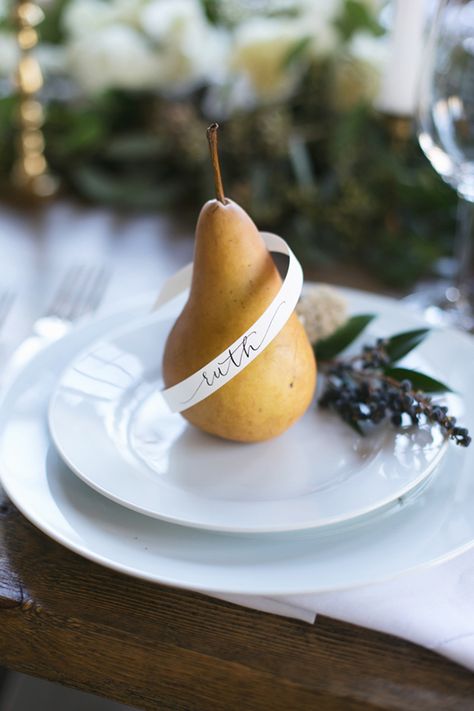 Pear Wedding Inspiration In A Warehouse Setting | Wedding Photography Wedding Couple Table, Fruit Wedding, Winter Fruit, Table Place Settings, Wedding Place Settings, Fall Tablescapes, Wedding Places, Diy Wedding Decorations, Holiday Tables