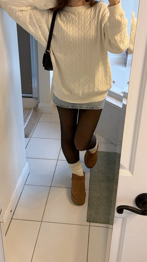 Uggs Fall Aesthetic, Jean Skirt With Leggings Outfit, Fall Outfits With Mini Uggs, Sheet Tights Outfit, Outfits That Go With Uggs, Gray Ugg Slippers Outfit, Outfits With Brown Ugg Boots, Uggs With Tights, Jean Skirt With Tights Outfit