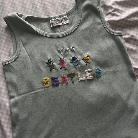 Cute green and multi-colored The Beatles tank

-... - Depop Patched Shirts Diy, Handmade Shirts Design, Clothing Patches Ideas, Patch Clothes Diy, Sewn Clothes Inspiration, Patchwork Shirt Ideas, Sewing Projects Tops, Handsewn Projects, Cute Tops To Sew