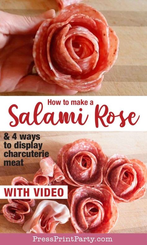 Make a SALAMI ROSE and 4 Easy Ways to Display Charcuterie Meat - How to make a salami Rose. Easy salami roses Are the perfect addition to any charcuterie board and folding your meats in an interesting way really takes your charcuterie plates to the next level. You’ll need about 9 slices of salami and a shot glass. The video will show you not only an easy way to make a salami rose, but also a salami or prosciutto rose bouquet, a salami chain, and a prosciutto fan - Press Print Party! Salami Chain, Prosciutto Rose, Salami Rose, Charcuterie Meats, Charcuterie Board Meats, Charcuterie Appetizers, Charcuterie Ideas, Charcuterie Plate, Fingerfood Party