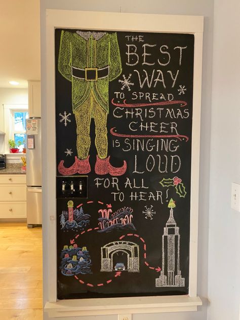 Movie Themed Christmas Decorations, Buddy The Elf Chalkboard Art, Elf Chalkboard Art, Elf The Movie Office Decorating Ideas, Diy Elf Movie Decorations, Buddy The Elf Hallway Decorations, Elf Movie Decor, Elf Movie Themed Christmas Decor, Elf The Movie Decorations