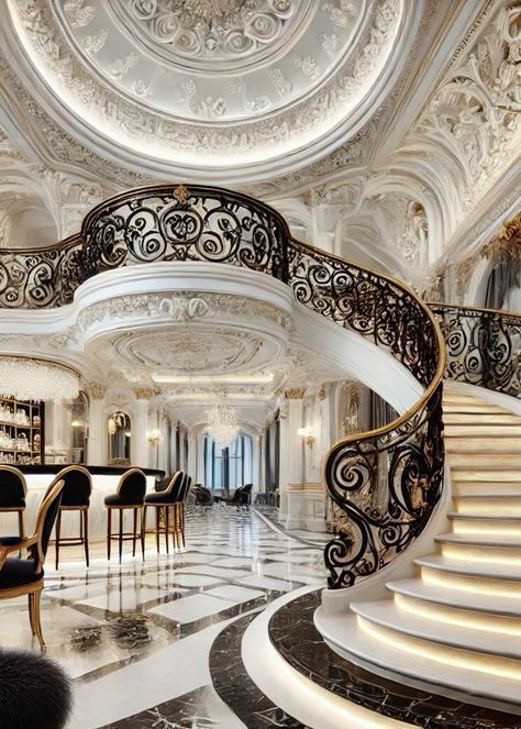 Modern Mansion Interior Entrance, Loui Vuttion, Double Stairs, Amazing Staircases, Modern Mansion Interior, Home Foyer, Curved Stairs, Book Rooms, Flooring Pattern