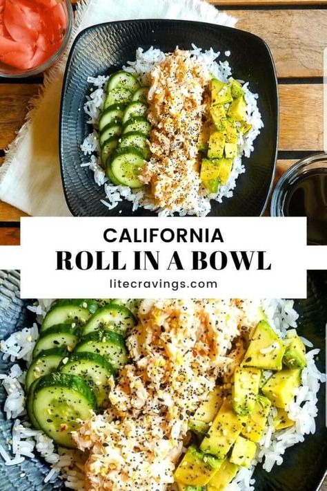 Simple Sushi Bowl, Rice Cucumber Bowl, Rice And Cucumber, Crab Meal Prep, Crab Rice Bowl, Sushi Bowl Meal Prep, Lunch Bowls Healthy, California Sushi Bowl, California Roll Bowl