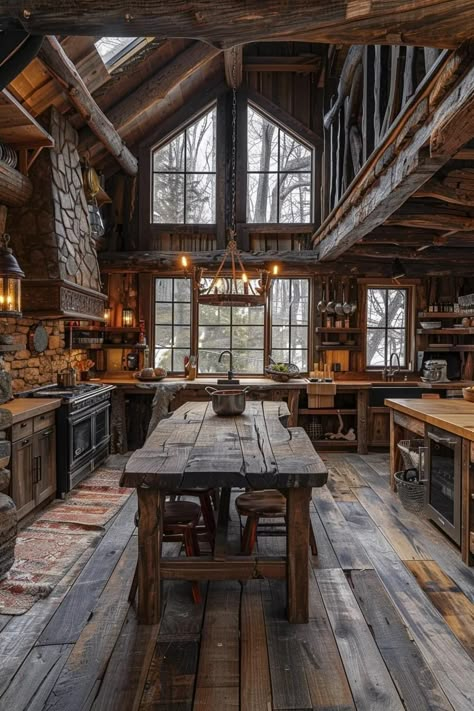 Viking House Interiors, Airbnb Styling, Guest Cabin Ideas, Cabin In The Woods Aesthetic, Cabin Core Aesthetic, Hunting Cabin Interior, Rustic Lodge Kitchen, In The Woods Aesthetic, Mountain Cabin Interior