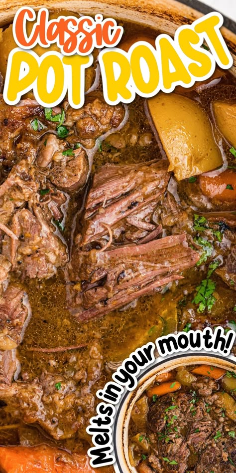 A classic roasted, tender and juicy Pot Roast, with large chunks of soft potatoes and carrots, herbs, and of course...the gravy! Juicy Pot Roast, Best Pot Roast Recipe, The Best Pot Roast, Soft Potatoes, Crockpot Pot Roast, Slow Cooker Pot Roast Recipes, January Recipes, Classic Pot Roast, Slow Cooker Pot Roast