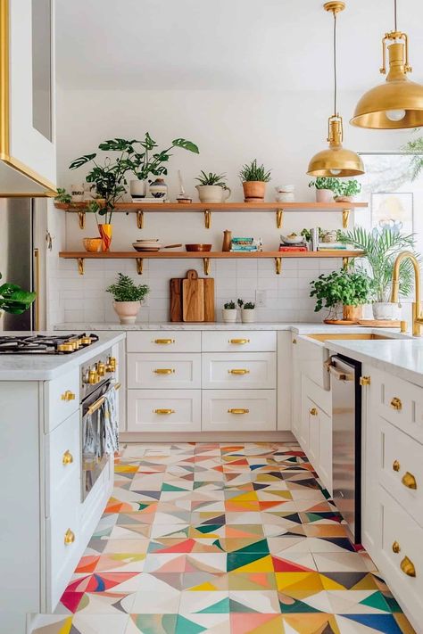 52 Colorful Kitchen Ideas (That'll Make You Want to Ditch White Forever) 1940s Kitchen Flooring, Bright Fun Interior Design, Fun Kitchen Flooring, Modern White Cabinets Kitchen, Bright And Colorful Kitchen, Bright Home Aesthetic, Add Color To Kitchen, Mid Century Kitchen Floor, White Kitchen With Color Accents