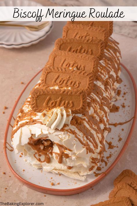 Biscoff Spread Recipes, Caramel Cream Cake, Meringue Roll, Miso Caramel, Fluffy Meringue, Traybake Cake, Meringue Roulade, Lotus Biscoff Spread, Biscoff Cake