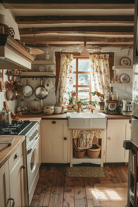 Get inspired by transformations of tiny cottage kitchens with modern minimalism and cozy aesthetics. 🌿✨ Cottage House Aesthetic Kitchen, Tiny Cottage Aesthetic, Cute Kitchen Island, Galley Cottage Kitchen, Cute Tiny House Interior, Cottage Cozy Kitchen, Modern Grandma Style House, Woodland Cottage Aesthetic, Cottage Home Inspiration