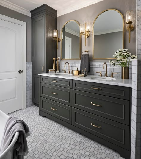 A Romantic Bathroom with Deep Green Cabinetry - Dura Supreme Cabinetry Vanity With Linen Cabinet, Olive Green Bathrooms, Romantic Bathroom, Dark Green Bathrooms, Green Bathroom Vanity, Romantic Bathrooms, Moody Bathroom, Cabinetry Ideas, Green Vanity