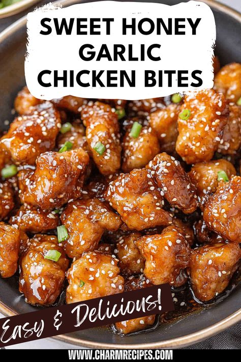 Try these irresistible Honey Garlic Chicken Bites that are perfect for any occasion. With tender chicken coated in a sticky and savory honey garlic sauce, these bites are an ideal appetizer or main course. Fast and easy to prepare, this dish is perfect for weeknight dinners or last-minute gatherings. Cooked until caramelized and tantalizing, these delightful morsels will impress family and friends alike. Discover the joy of whipping up this quick recipe and expand your cooking repertoire with this delectable honey garlic treat. Honey Garlic Chicken Fried, Quick Honey Garlic Chicken, Low Carb Honey Garlic Chicken, Sesame Chicken Bites, Chicken Kabob Appetizer, Homemade Honey Garlic Chicken, Asian Chicken Bites Recipe, Chicken Bites Meal Prep, Crispy Honey Garlic Chicken Air Fryer