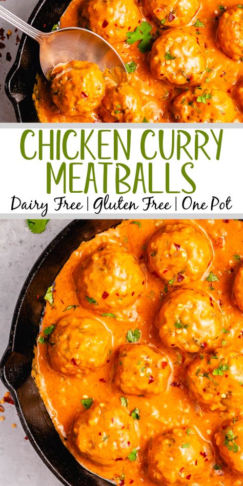 These Whole30 curry chicken meatballs are the perfect weeknight dinner recipe. Made on the stovetop, these gluten free ground chicken meatballs are dairy free, low carb and are done in one skillet. If you're looking for a dinner that is both healthy and delicious while keeping your cleanup to a minimum, give this curry chicken meatball recipe a go! #chickenmeatballs #glutenfreerecipes #dairyfreerecipes #whole30chicken Recipes No Dairy, Whole30 Curry, Chicken Recipes No Dairy, Dairy Free Meatballs, Curry Chicken Meatballs, Ground Chicken Recipes Healthy, Chicken Meatballs Healthy, Ground Chicken Meatballs, Winter Dinners