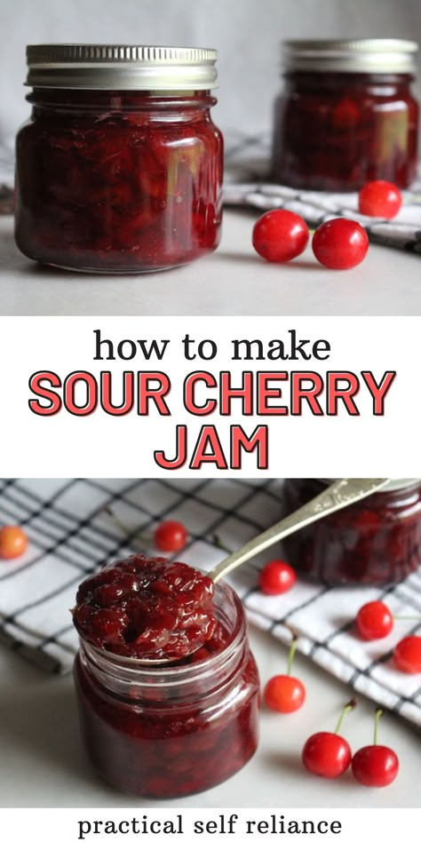 3 Ingredient Sour Cherry Jam No Pectin: Easy No Pectin Jam Recipe - Learn exactly how to make this sour cherry jam recipe without pectin! Preserving cherries is easy with this sour cherry jam no pectin recipe! homemade jam recipes | summer fruit jam | sour cherries recipes Sour Cherry Jam Recipe, Cherry Jam Recipe, Tart Cherries Recipes, Sour Cherry Recipes, Fermenting Vegetables, Sour Cherry Jam, Cherry Jam Recipes, Desserts Simple, Cherry Preserves