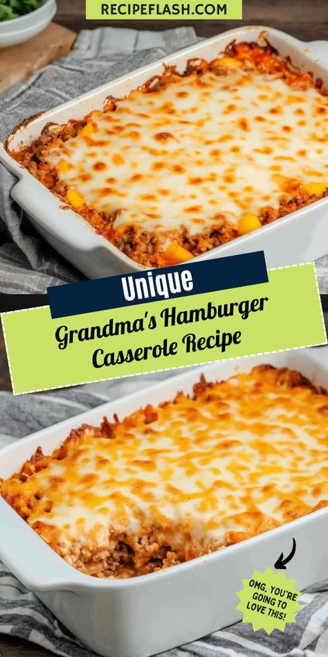 Looking for a comforting meal that brings back childhood memories? Grandma's Hamburger Casserole combines ground beef with creamy goodness for a family favorite. Save this recipe for an easy weeknight dinner that will warm your heart and satisfy your taste buds. Perfect for busy nights and cozy gatherings! Hamburger Main Dish Recipes, Easy Cheesy Hamburger Casserole, Simple Hamburger Meals, Creamy Beef Casserole, Easy Dishes With Ground Beef, Chinese Casserole Recipes Ground Beef, Hamburger Meat Casseroles Dinner Ideas, Goulash Casserole Recipes, Fast And Easy Hamburger Recipes