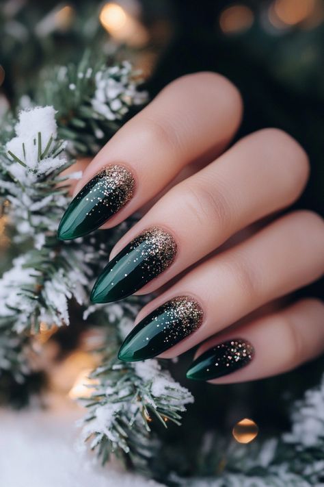 16 Pretty Christmas Glitter Nails To Try This Holiday Season Christmas Nails Dark Green And Gold, Green Nails New Year Ideas, Green Nails Gold Glitter, Short Green And Gold Nails, Christmas To New Years Nails, Green Gold And Black Nails, Christmas Nails One Color, Holiday Acrylic Nail Designs, Holiday Nails Green And Gold