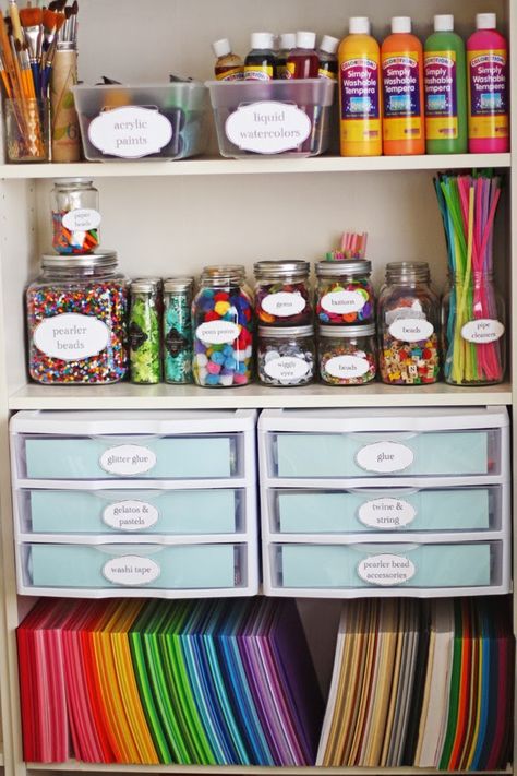 Paint Organization Diy Dollar Stores, Art Room Paper Storage, Mason Jar Craft Storage, Organize Construction Paper, Organize Cardstock, Construction Paper Organization, Kids Art Organization, Crafts Closet, Storage For Art Supplies