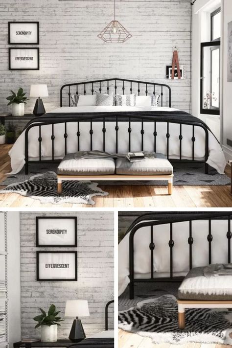 I think this industrial bedroom design would look great in a rustic farmhouse bedroom! Bedroom decor ideas #ad #bedroom #bedroomideas #bedroomdecor #bedroomgoals #industrial #industrialfurniture #industrialchic #wayfair #homedecor #homedecorideas Modern Industrial Bedroom Master Suite, Industrial Farmhouse Master Bed, Bedroom Inspirations Industrial, Industrial Home Kitchen, Bedroom Ideas Industrial, Rustic Industrial Bedroom, Industrial Bedroom Ideas, Bedroom Industrial Chic, Ad Bedroom