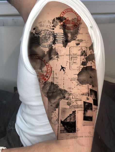 The Art of Travel: Exploring the World of World Traveler Tattoos | Aesthetic & Unique Tattoo Ideas Map Tattoos Men, World Map Tattoo Sleeve, Nautical Map Tattoo, Travel Sleeve Tattoo, Map Tattoo Sleeve, Travel Tattoo Men, Travel Tattoo Sleeve, World Travel Tattoos, Aviation Tattoo