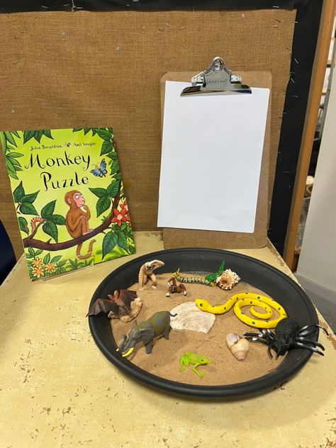 Monkey Puzzle Tuff Tray, Monkey Puzzle Eyfs, Monkey Puzzle Activities, Monkey Puzzle Book, Monkey Puzzle, Dear Zoo, Julia Donaldson, Literacy And Numeracy, Tuff Tray