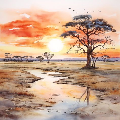 Savannah Painting, African Savannah, Watering Hole, Pattern Store, Setting Sun, Page Layout, Color Chart, Art Original, Counted Cross Stitch