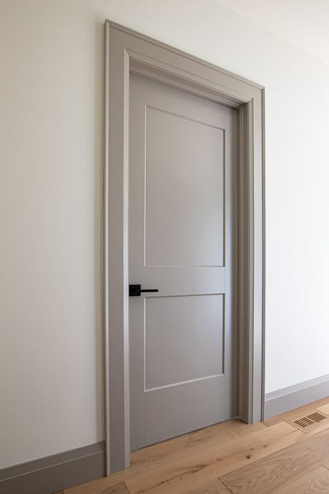 Grey Door White Walls, Gray Indoor Doors, Grey Bedroom Doors White Trim, Door Casing And Baseboard, Door Casing And Baseboard Ideas, Grey Interior Doors And Trim, Grey Door Frames, Gray Inside Doors, Doors For Rooms Bedrooms