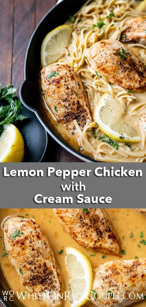 Creamy Lemon Pepper Sauce, Chicken With Cream Sauce, Lemon Pepper Chicken Pasta, Skillet Chicken Recipes Easy, Lemon Pepper Sauce, Pepper Chicken Recipe, Cream Sauce For Chicken, Easy Skillet Chicken, Cream Sauce Recipe