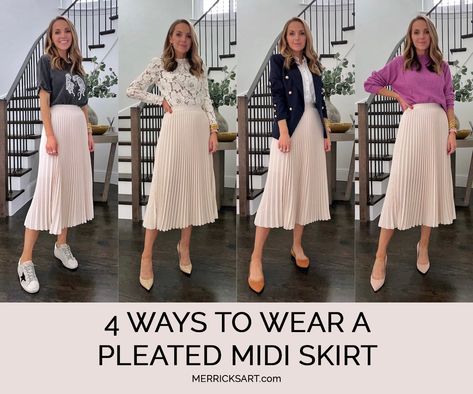 Pleated Skirts Outfits (4 Skirts) - Merrick's Art Pleated Skirt Spring Outfit, Pleated Long Skirt Outfit, Pleaded Skirt Outfits, Chiffon Skirt Outfit, How To Style Pleated Skirt, Cream Skirt Outfit, White Pleated Skirt Outfit, Pleated Skirt Outfit Summer, Pleated Skirt Outfit Ideas